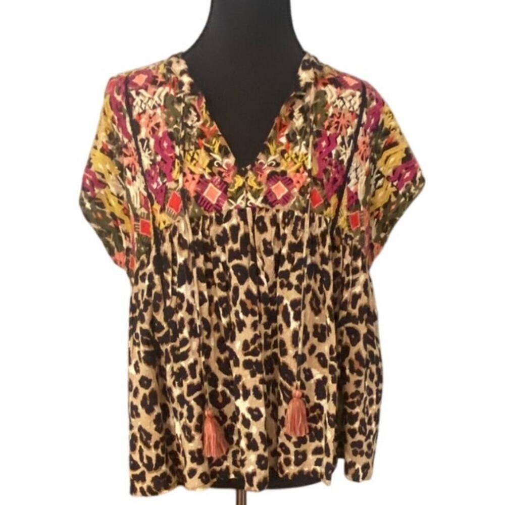 THML Embroidered Boho Top Small Leopard Print Mixed Pattern Tassel Blouse‎ Artsy